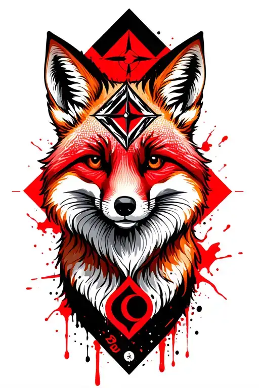 A fox with a diamond-shaped symbol in the style of the national Bedarussian identity. Compass, moon, footsteps tattoo design idea