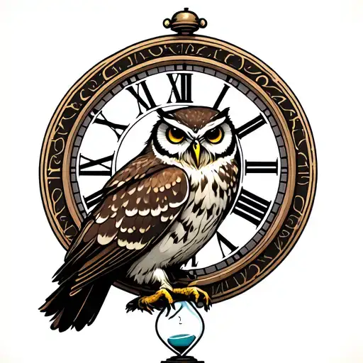 owl standing in front of a large clock face with Roman numerals, and an hourglass in front of the owl. tattoo design idea