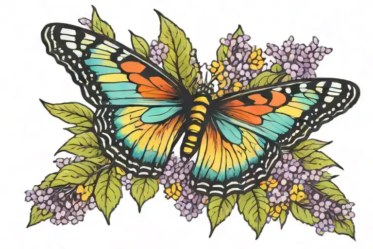 butterfly and butterfly bush branch with rainbow tattoo design idea