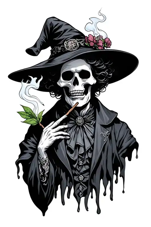 I want a Victorian portrait of death, cartoonish, with lots witch details and death smoking a sage stick tattoo design idea