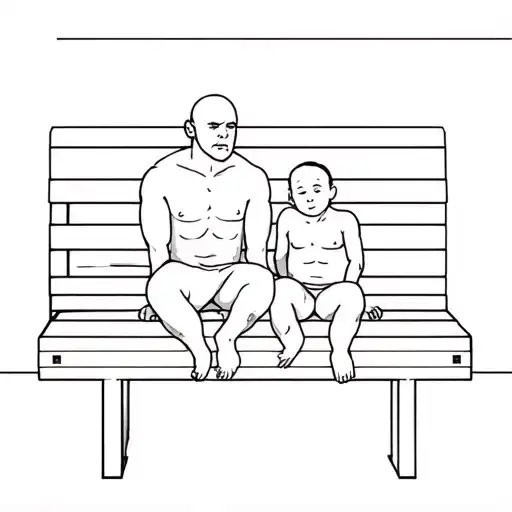 Slank and bald Father and chubby boy sitting on a bench in a sauna chilling. tattoo design idea