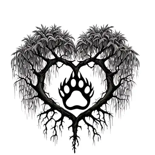 Weeping willow tree that has roots with roots that grow down into a heart shape with a dog paw print inside the heart tattoo design idea