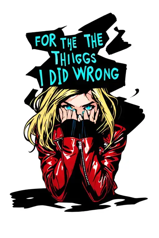 "FOR THE THINGS I DID WRONG" a blonde girl with striking blue eyes wearing a red leather jacket, covering her mouth with her hands tattoo design idea