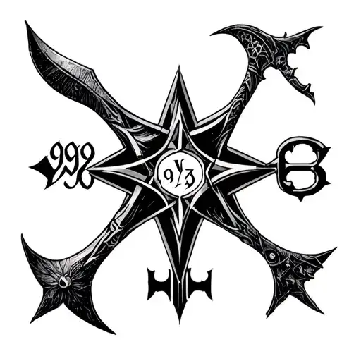 "Create a unique tattoo design featuring a sickle, the number 999, a four-pointed star, and a vampire key symbol. Arrang tattoo design idea