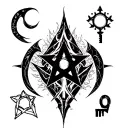 "Create a unique tattoo design featuring a sickle, the number 999, a four-pointed star, and a vampire key symbol. Arrang tattoo design idea