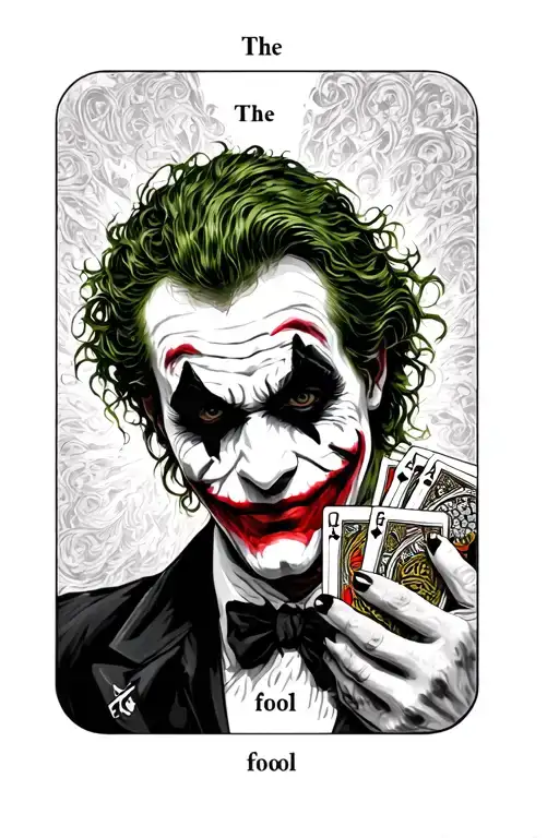 the joker holding a deck of tarot cards including "The fool" tattoo design idea