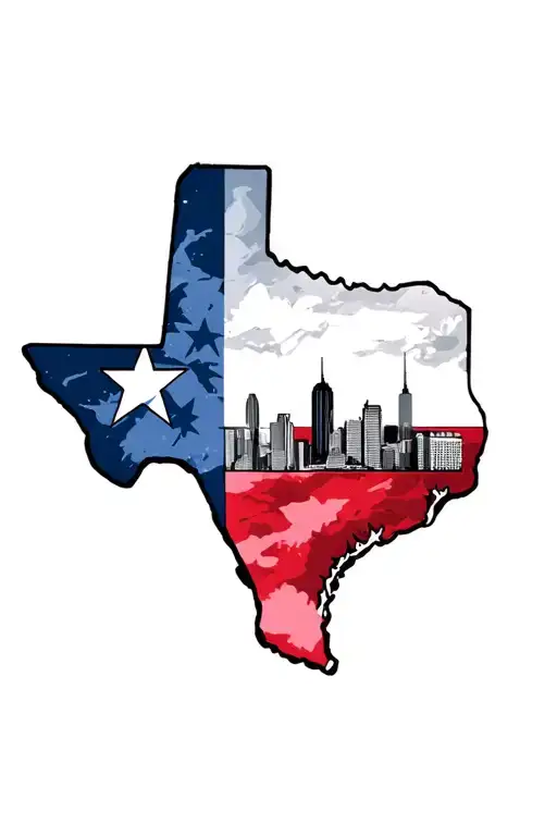 shape of the state of Texas with the Texas flag colors inside and the Dallas skyline  tattoo design idea