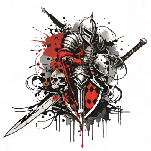 Knight with sword and shield with skull tattoo design idea