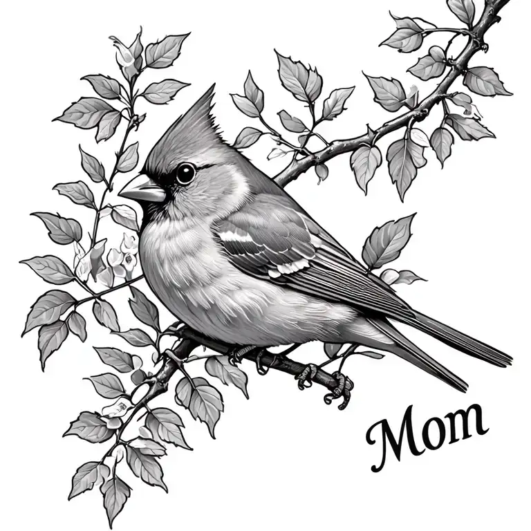 "Mom" cardinal bird on a wisteria branch tattoo design idea