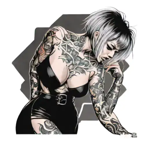 Sexy girl, Huge boobs, cleavage, petite, torn clothing, short white bob hairstyle, full body side view tattoo design idea