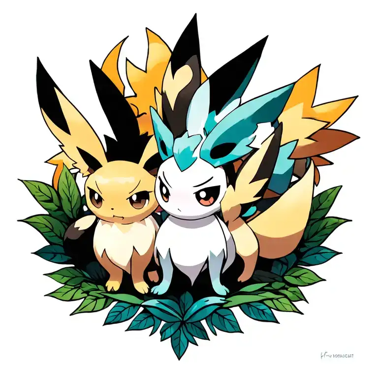 eevee, flareon, vaporeon, jolteon, espeon, umbreon, glaceon, leafeon and sylveon tattoo design idea