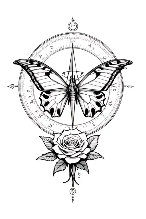 compass, butterfly, devil with a rose surrounded tattoo design idea