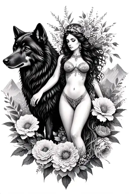 Aries sexy goddess surrounded by poeny flowers and black wolf with mountains  tattoo design idea