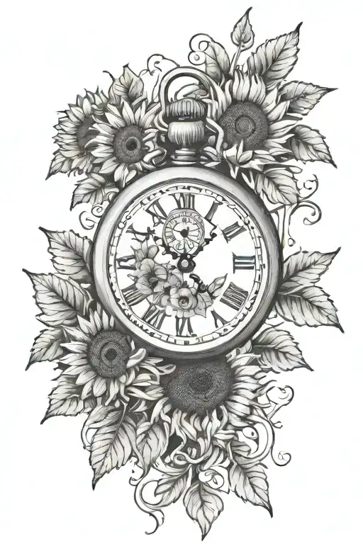 old stop watch surrounded by sunflowers tattoo design idea