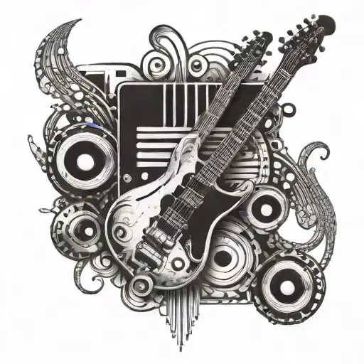 treble clef, audio cassette, play button, pause, record, gybson guitar tattoo design idea