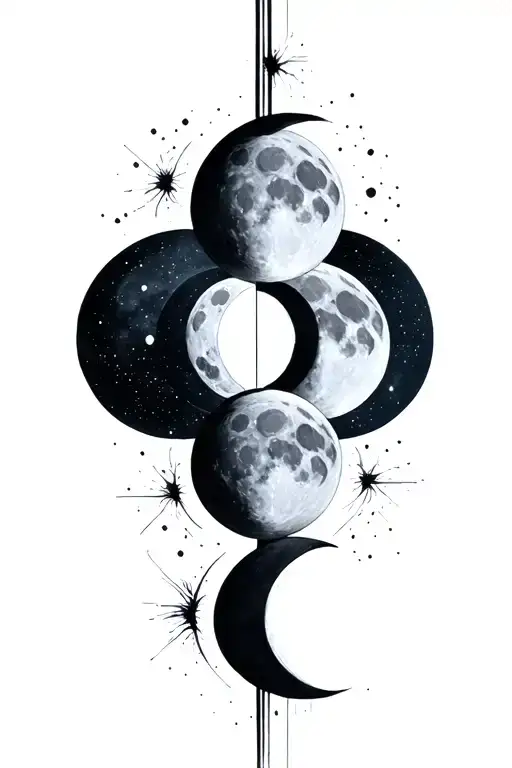 Create a tattoo with 5 moons in the lunar phases (building and breaking down) in a vertical straight line that goes acro tattoo design idea