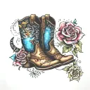 cowgirl boots, flowers, galaxy, cats tattoo design idea