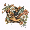 cowgirl boots, flowers, galaxy, cats tattoo design idea