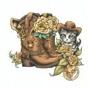 cowgirl boots, flowers, galaxy, cats tattoo design idea
