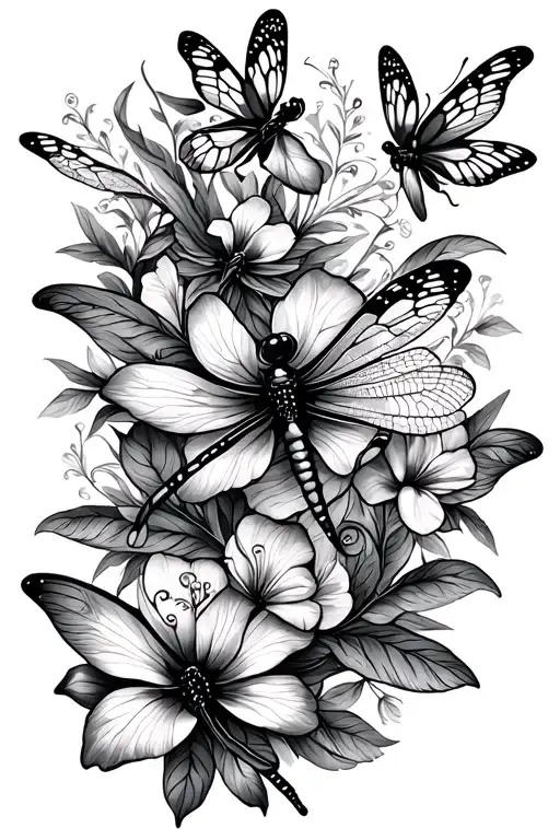 unique dragonflies and butterflies intertwined  with trailing belladonna and oleander flowers tattoo design idea