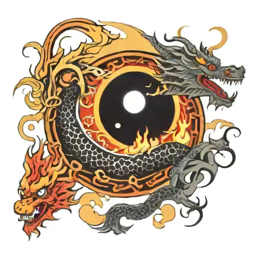 Yin yang symbol, with a flaming sun around the yin yang, and a dragon wrapping around the whole design tattoo design idea