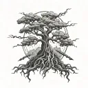 sword mountain and tree roots tattoo design idea