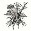 sword mountain and tree roots tattoo design idea