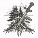 sword mountain and tree roots tattoo design idea