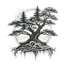 sword mountain and tree roots tattoo design idea