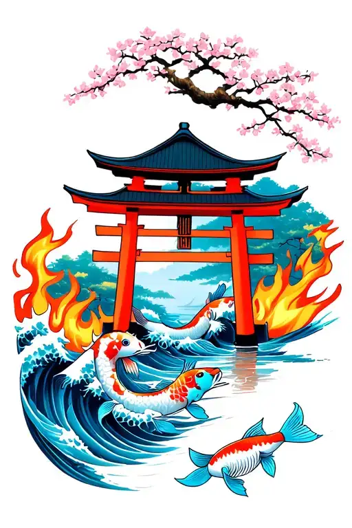 japanese torii gate in flames with two blue koi fish swimming with pagoda with sakura tree and burning waves covered tattoo design idea