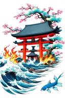 japanese torii gate in flames with two blue koi fish swimming with pagoda with sakura tree and burning waves covered tattoo design idea