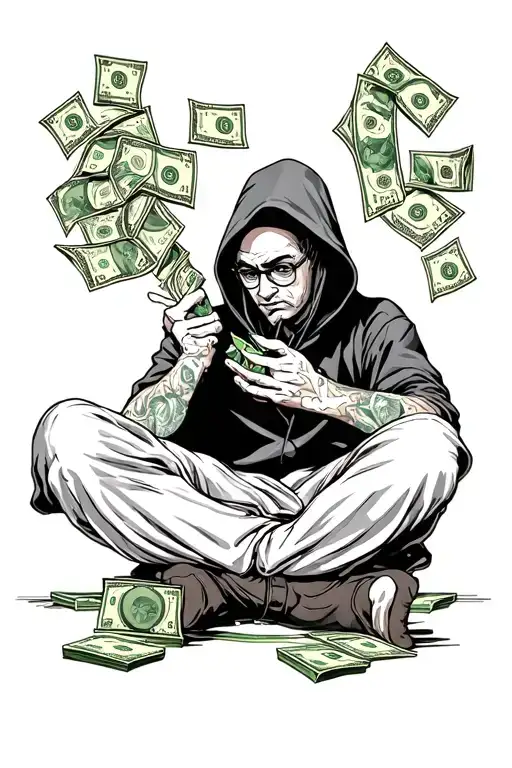 person with hood on sitting counting money tattoo design idea