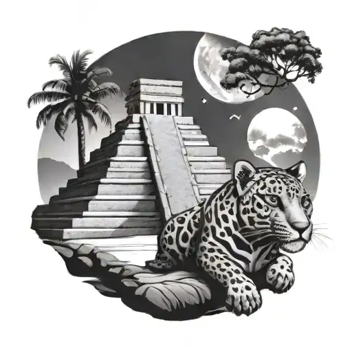 Mayan temple and jaguar tattoo design idea
