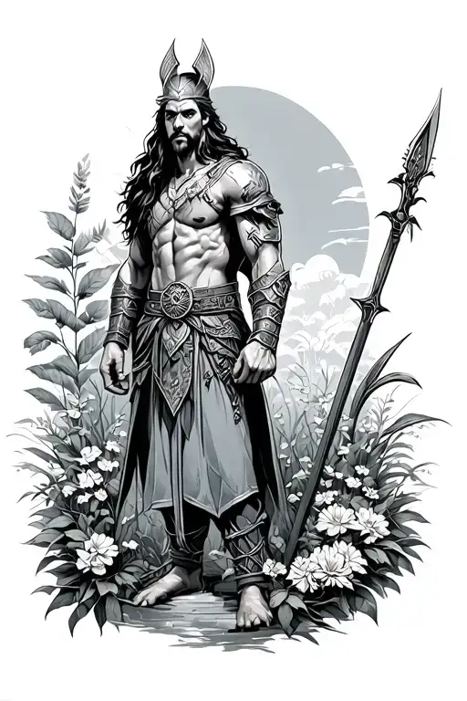 warrior in a garden scene tattoo design idea