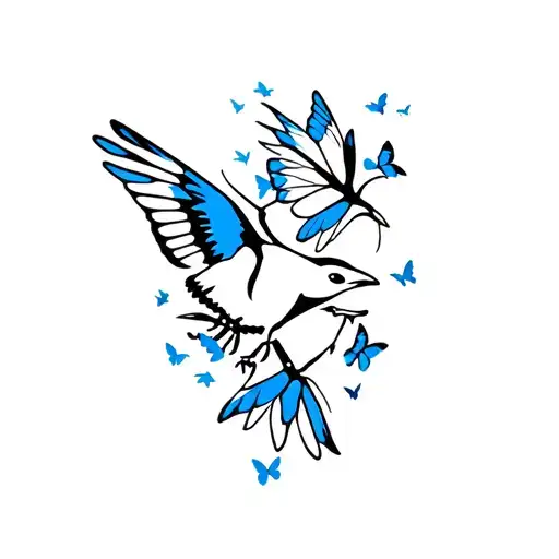 blue jay bird flying, butterflies flying tattoo design idea