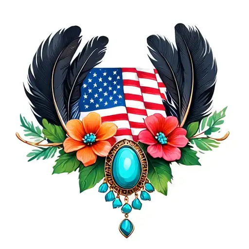black feathers, colored feathers, american flag, green leaves, one brooch turquoise jewelry, flowers tattoo design idea