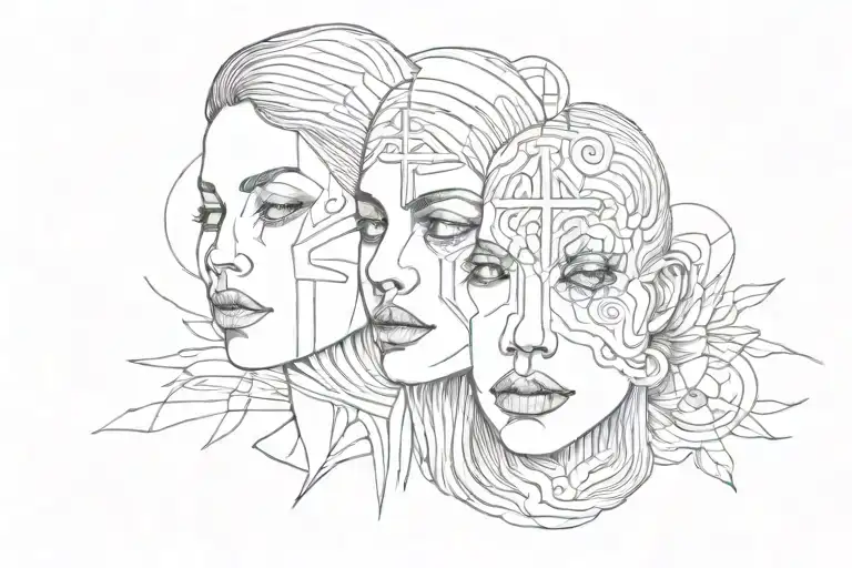 Psychedelic painted faces with a cross tattoo design idea