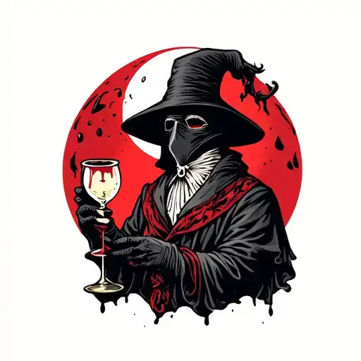 traditional plague doctor holding hour glass and blood moon background  tattoo design idea