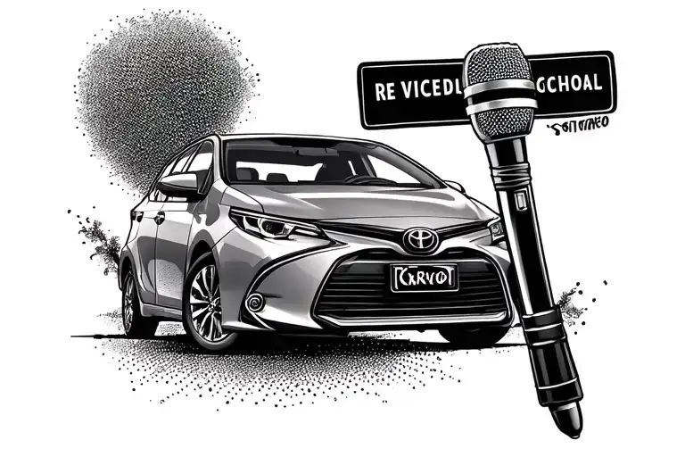backround driving school with a vios car and a watch and karaoke microphone tattoo design idea