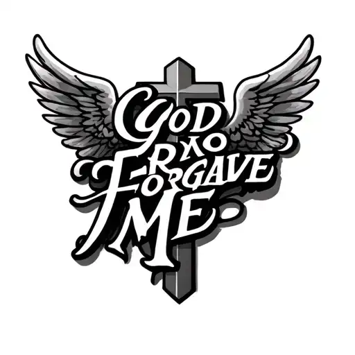"GOD FORGAVE ME" Cross and Angel wings tattoo design idea