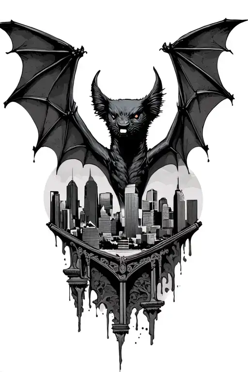 Austin skyline within a Bat that has its wing spread open tattoo tattoo design idea