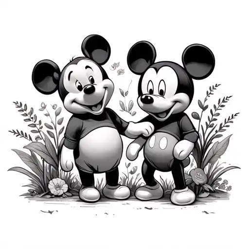 winnie the pooh and micky mouse together with some plants tattoo design idea