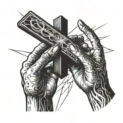 A pair of hands reaching towards a shining cross, symbolizing the journey of finding God tattoo design idea