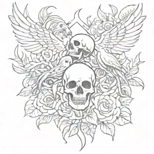 skeleton and phoenix skulls and roses tattoo design idea