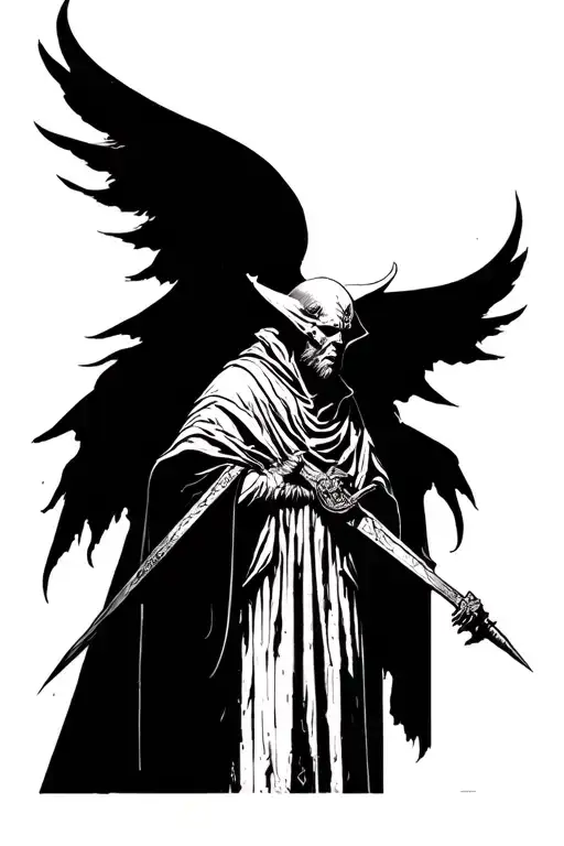 The Warden as a deeply symbolic and personal tattoo—an ancient, non-human, solemn figure that emerges from the fog  tattoo design idea