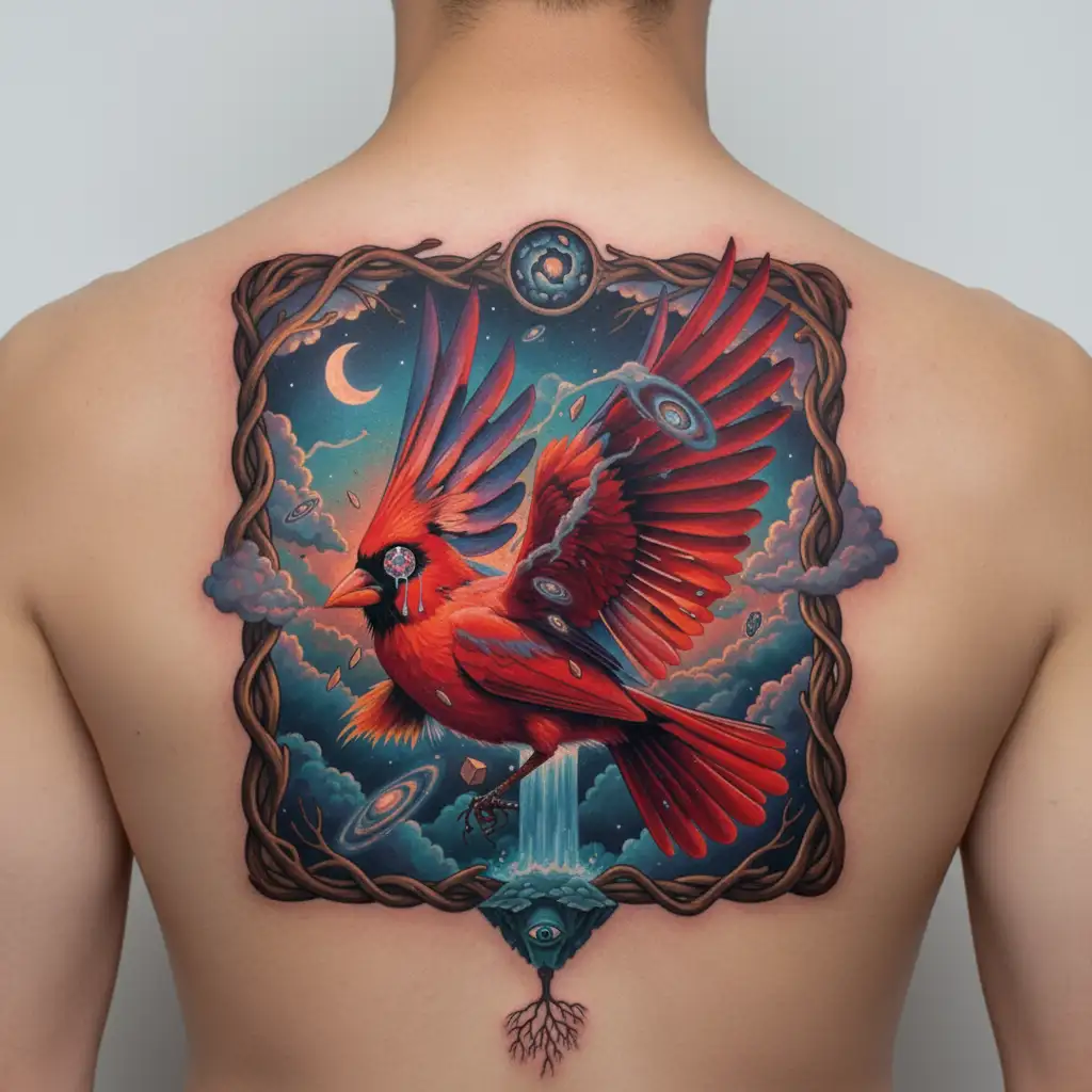 red cardinal flying tattoo design idea