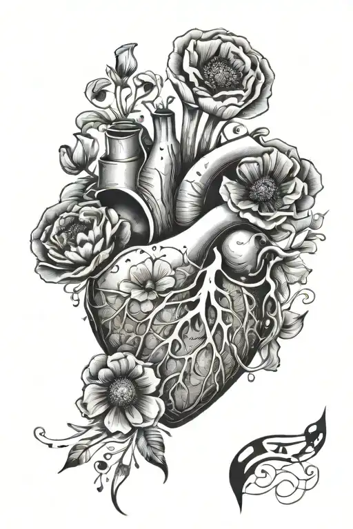 abstract design human heart, poppies, anemones, mushrooms, music, love tattoo design idea