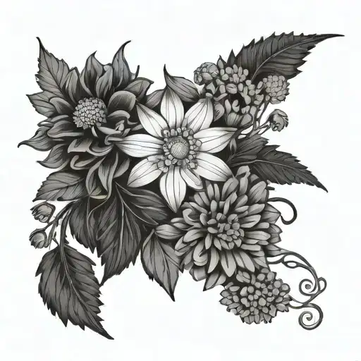  Violet (February), honeysuckle (June), Aster (September), marigold (October) tattoo design idea