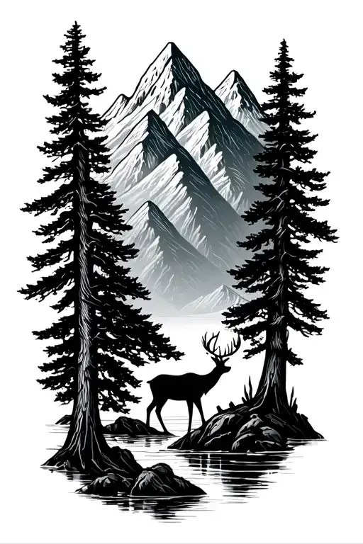 mountain range with tall tree and river deer drinking tattoo design idea