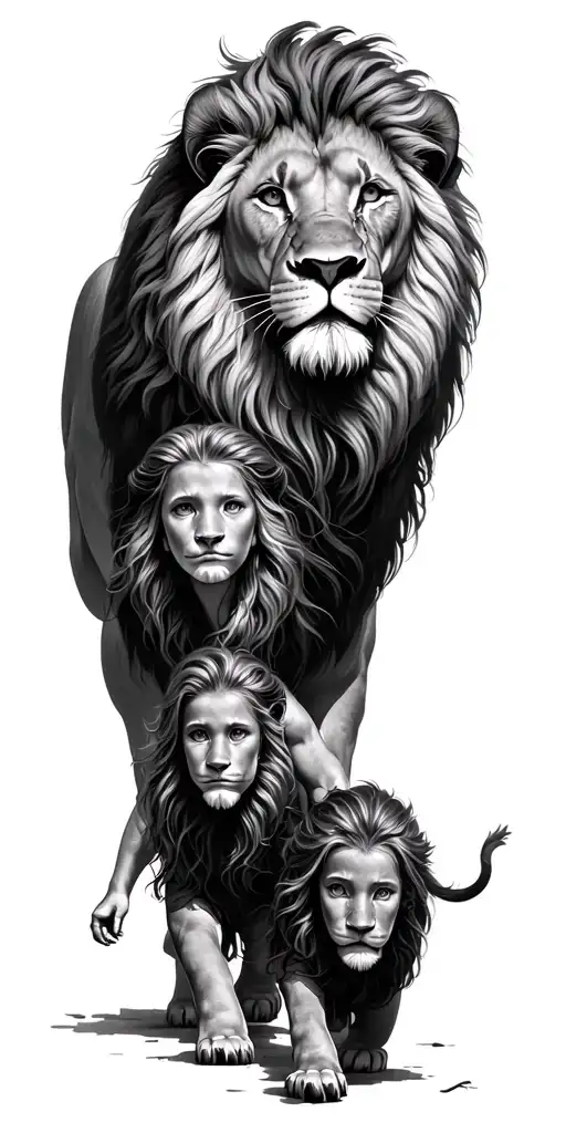 lion over his 3 sons and 1 daughter walking tattoo design idea
